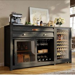 Extra Large Coffee Bar Cabinet w/Fridge Space&Power Outlet,Lux MiniFridge Cabinet w/2Drawers,Wine Rack,Leather Handle,Adj.Shelves,Bar Tray,Glass Holde