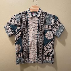 Men’s XXL Hilo Hattie Green Beige Black Hawaiian Tiki Aloha Tapa Barkcloth Shirt