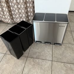 SONGMICS Trash Can, 3 X 4.8 Gallon Garbage Can, 14.4 Gallon Recycle Bin With Soft-Close Lids, Pedals, And Inner Buckets For Kitchen, Stainless Steel, 