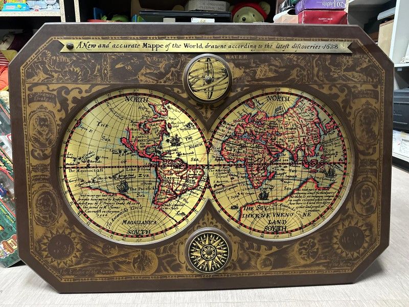 Large Brass Wood Map Of The World In 1628- Vintage 1964