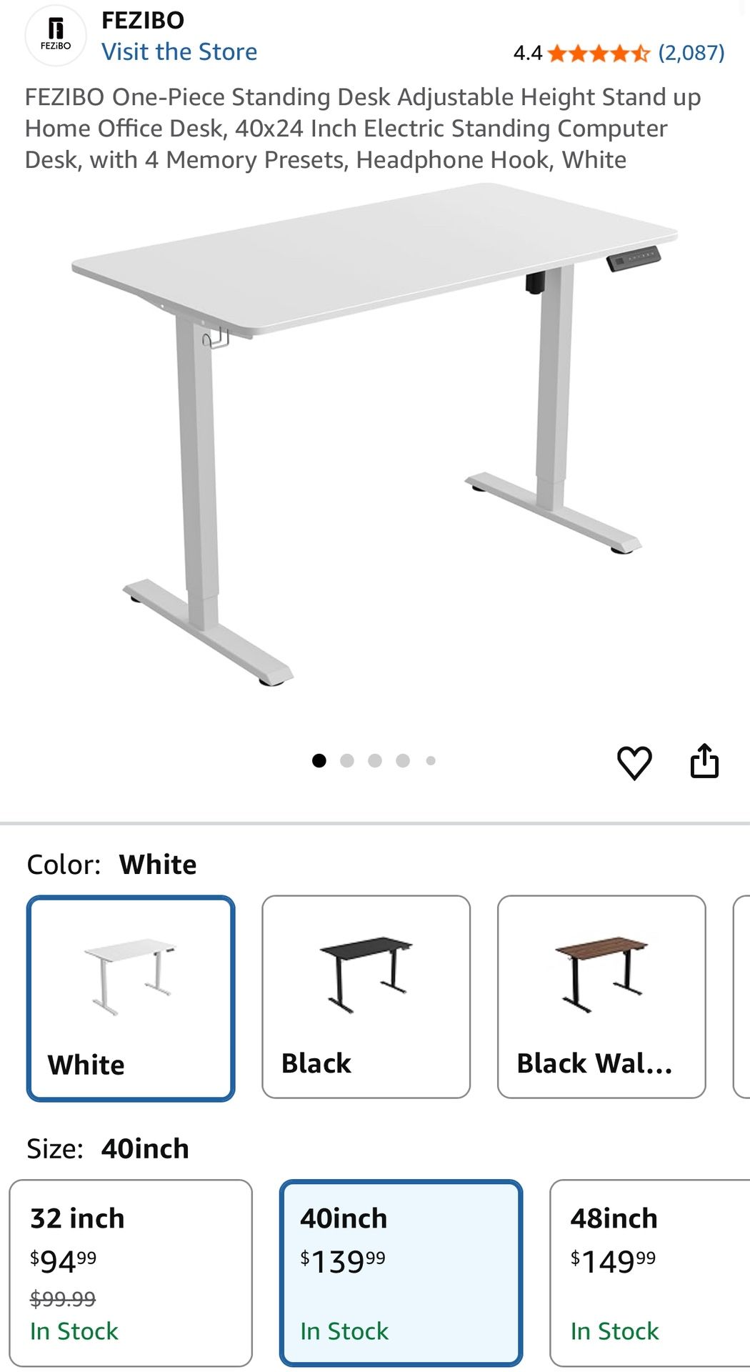 FEZIBO One-Piece Standing Desk Adjustable Height Stand up Home Office Desk, 40x24 Inch Electric Standing Computer Desk, with 4 Memory Presets, Headpho