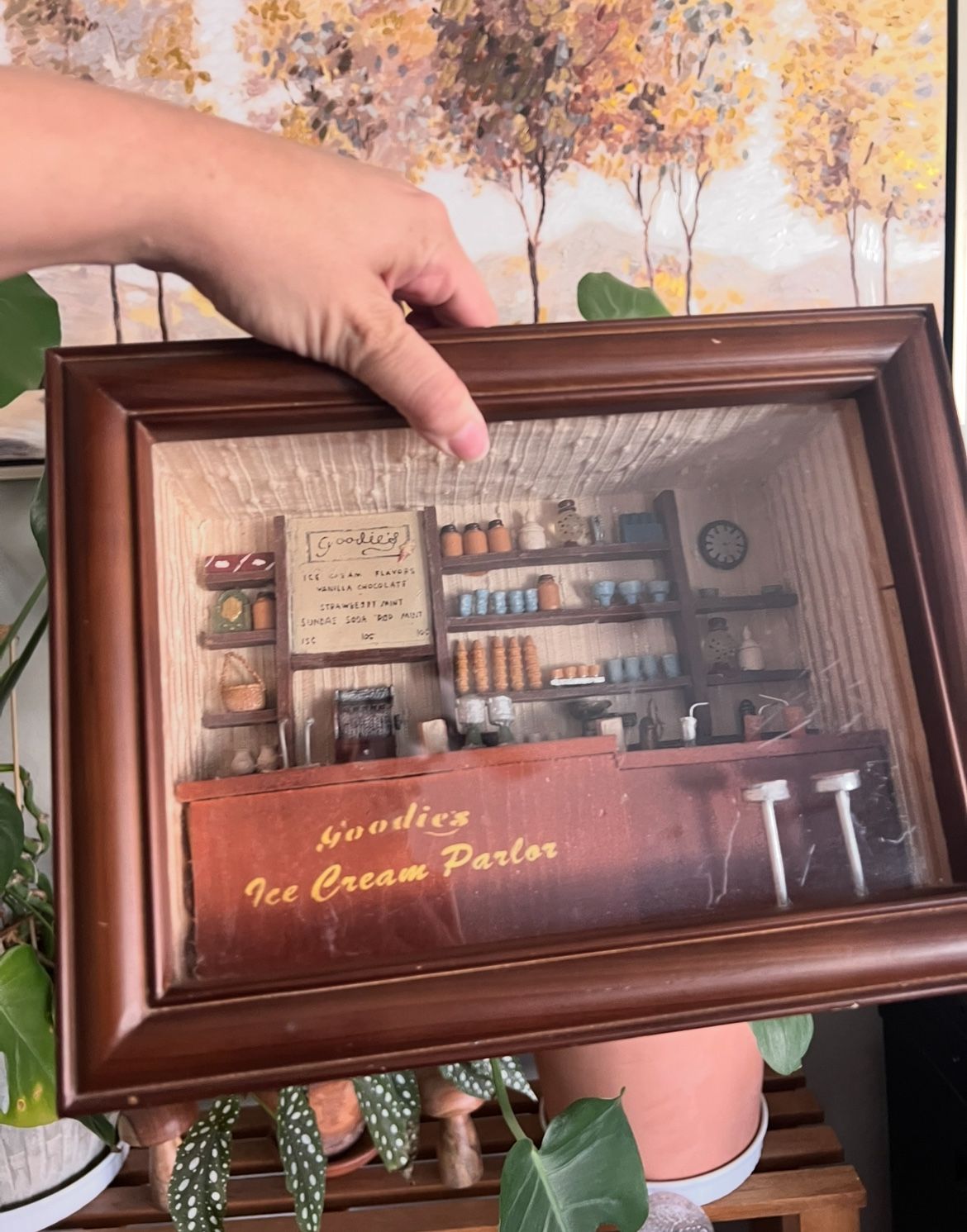 Vintage 3D Ice Cream Parlor Miniature Scene in Wood Glass Shadow Box