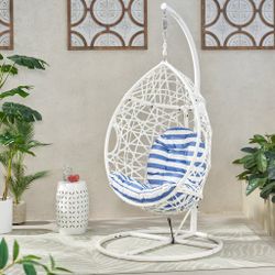 Hanging Egg Chair White and Blue Cushion I#1506
