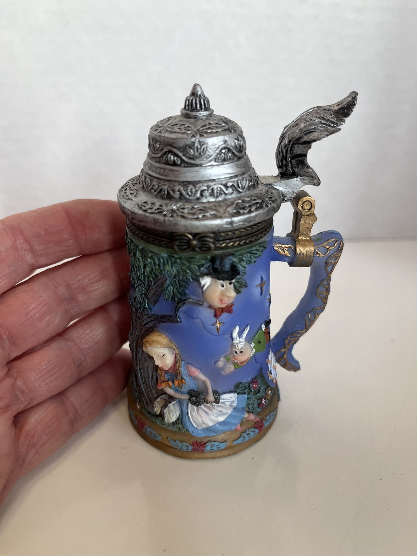Alice In Wonderland And Humpty Dumpty Mini Hinged Beer Stein. Pewter Top. 4” Tall