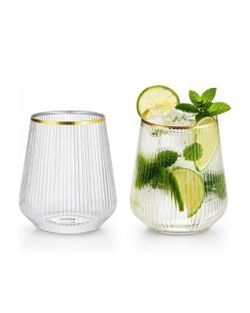 40 Pack 12oz Ribbed Gold Rim Disposable Wine Glasses, Plastic Cocktail Cup Oojami Stemless Champagne Whiskey Cups, Shatterproof BPA-Free Reusable Recy