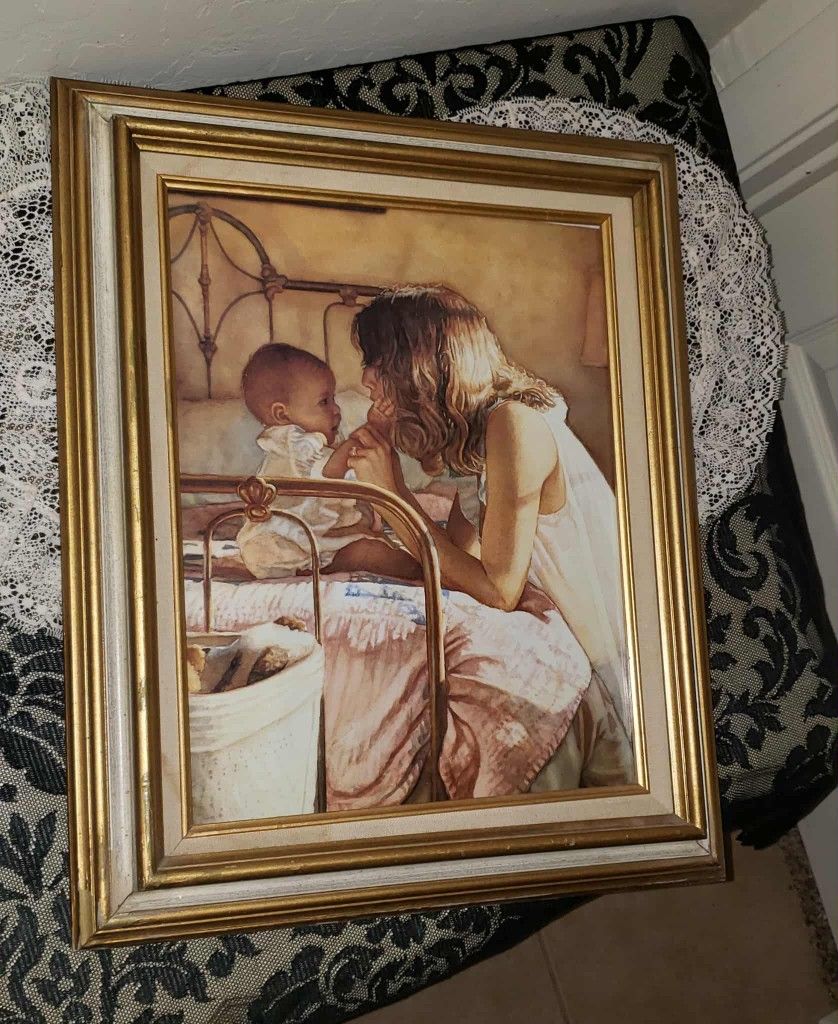 VINTAGE GOLD FRAMED STEVE HANKS MOTHER CHILD BOND PICTURE ART DECOR 