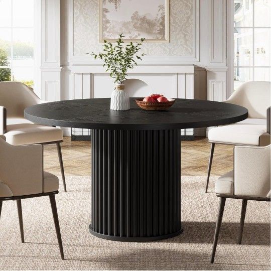 47.24-Inch Black Round Dining Table for 4-6 People, Modern Fluted MDF + Metal Base Kitchen Table, Sturdy Circle Dining Room Furniture, Black