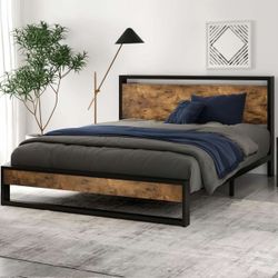 Queen Size Bed Frame with Wooden Headboard,Heavy Duty Metal Slats Support Platform,No Box Spring Needed,Rustic Brown