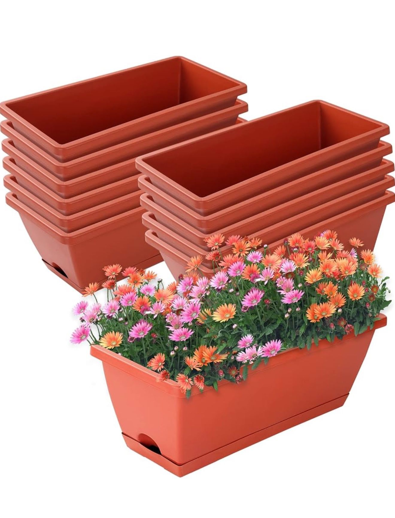 Window Box Planters, 12 Pack Plastic Vegetable Flower Planters Boxes 17 Inches Rectangular Flower Pots with Saucers (Brick Red)