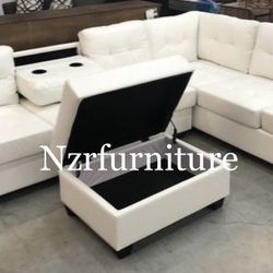Brand New! Heights White Leather Reversible Sectional w/Ottoman 