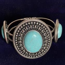 Large Ornate Silver Tone Faux Turquoise Hinged Cuff Bracelet - 7”