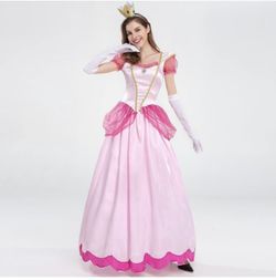 Women Princess Peach Costume With Crown And Gloves