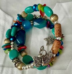 Vintage handmade blue turquoise beaded stone layered butterfly bracelet  In great condition