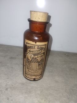 Vintage Uncle Sam's Condition POWDERS 6" Tall Glass Jar Emmert Prop.