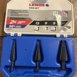 New Lenox 9 VARI-BIT Compact Step Drill Bit Kit, 3-Piece This is a comprehensive listing for a brand-new, never-used Lenox 9 VARI-BIT Co