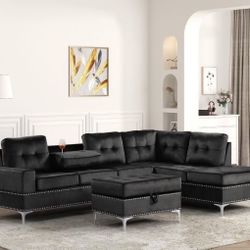 🔸Black Sectional w/ Drop Down and Storage Ottoman