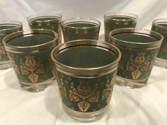 Vintage 50’s Jeannette Glass Laurel & Lyre Green And Gold Cocktail Glasses - Set Of 8