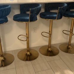 4 Blue Velvet Bar Stools 
