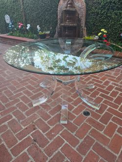 VINTAGE LUCITE 54" round w beveled glass tabletop