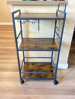 Rustic Brown - 3-Tier Rolling Bar Cart with Wine Rack