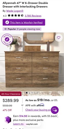 Allyannah 47" W 6-Drawer Double Dresser with Interlocking Drawers