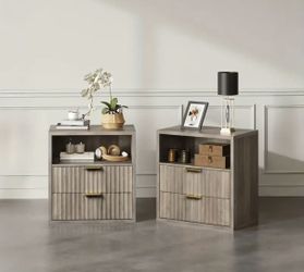 2pcs Fluted Farmhouse Nightstand Set - Narrow Space-Saving Design with 2 Storage Drawers & Open Shelf, Natural Wood Finish Hardwood Bedside Tables for