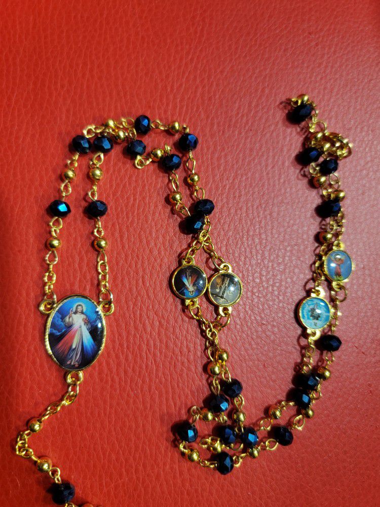 Gold Catholic Blue Crystal Beads Rosary Necklace Miraculous Locket Medal & Cross