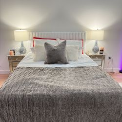 Modern White Upholstered Bed Frame with Channel Tufted Headboard