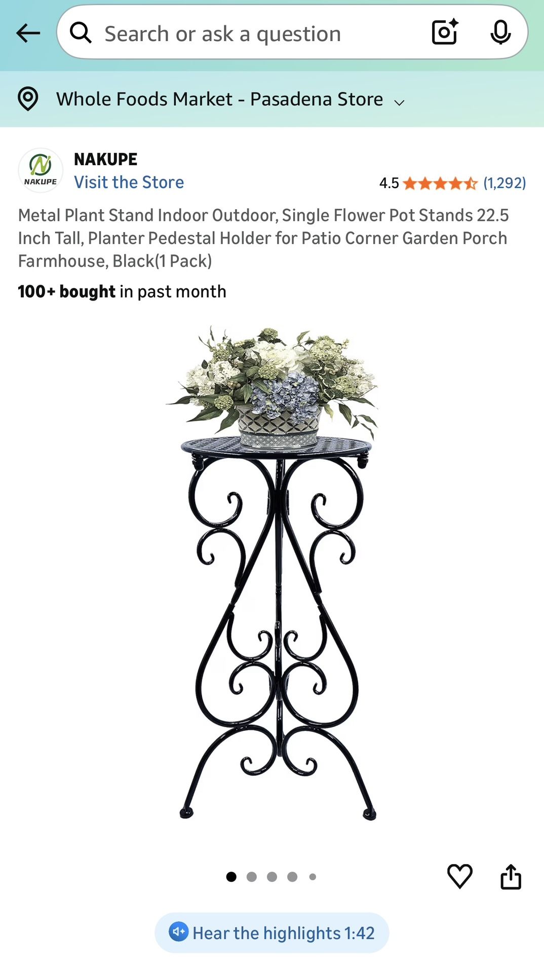 Nakupe Metal Plant Stand Indoor Outdoor, Single Flower Pot Stands 22.5 Inch Tall, Planter Pedestal Holder for Patio Corner Garden Porch Farmhouse, Bla