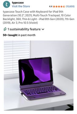 NEW ! “typecase” Thin Keyboard Case for iPad 9th Gen (10.2", 2021); 8th Gen (2020), 7th Gen (2019), Air 3, Pro 10.5; Trackpad, Backlight, Violet Color
