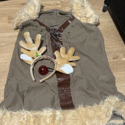 Brown reindeer costume with faux fur trim and antlers and red nose. Size L/XL