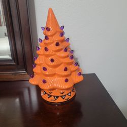 RARE Halloween Tall Holiday Ceramic 12" Orange Tree Purple LED Lights Spooky