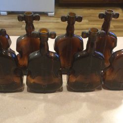 8 8’’ Vintage Violin Cello Shaped Amber Brown Glass Bottles