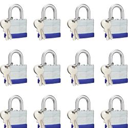 Lock Outdoor Padlocks, Laminated keyed Padlock, 1-9/16 in Wide Body, Padlock Set with Keys (12Pack)