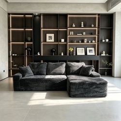 Charcoal Gray Corduroy L-Shaped Sectional Sofa
