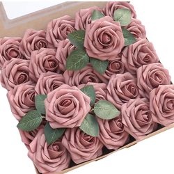 Artificial Flowers 50  Real Looking Dusty Rose Foam Fake Roses with Stems for DIY Wedding Bouquets Bridal Shower Centerpieces Floral Arrange
