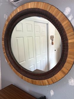 Round Wall Mirror with Wood Tile Frame