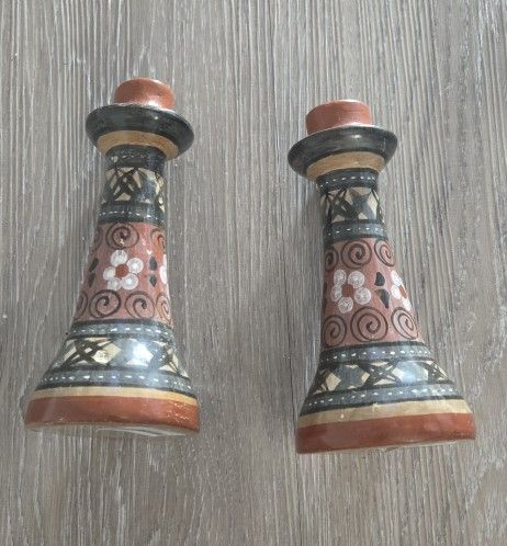 Set of '2' Hand-Painted Mexican Terracotta Vintage Tonala Candleholders