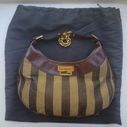 Fabulous Fendi Brown Leather Con Clip Pequin Stripe Canvas Hobo Bag - 8BR552