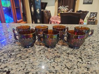 -7- Imperial Iridescent Carnival Glass Deep Amber Grapes Punch Cups MINT