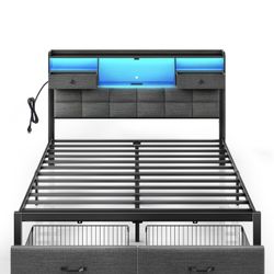 Queen Foam Mattress And Rolanstar Bed Frame Queen Size with Drawers and Charging Station, Upholstered Platform Bed with Storage Headboard and LED Ligh
