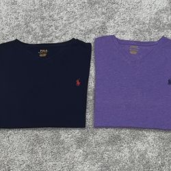 Lot of 2 Men’s Size Medium Ralph Lauren V-Neck Short Sleeve T-Shirts Blue and Purple