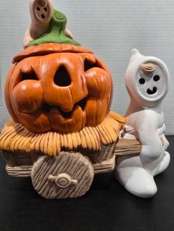 Vintage 1992 Hand Painted Ceramic Pumpkin & Ghost Wagon Candle Holder