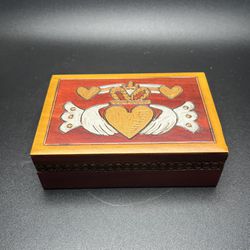 Irish Celtic Claddagh Trinket Stash Box Hinged Carved Wood Jewelry Gift