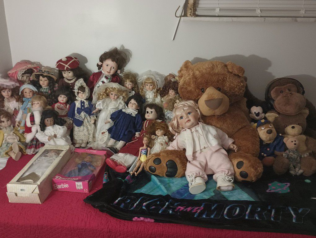 Porcelain Dolls And Stuffed Animal 