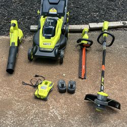 Ryobi 18 V 16 inch push mower hedge/string trimmer, blower batteries charger 240