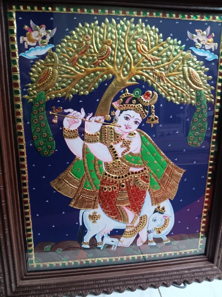 Antique Tanjore Painting Krishna Venugopala 1950s 24k Gold Leaf Handcrafted India