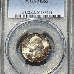 Beautiful Toned 1953 PCGS Graded MS65 90% Silver Washington Quarter!!