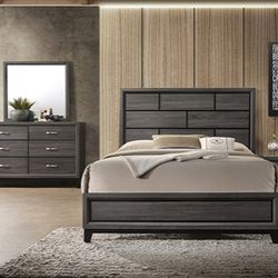Queen Gray 4pc Bedroom Set Bed Dresser Mirror Nightstand