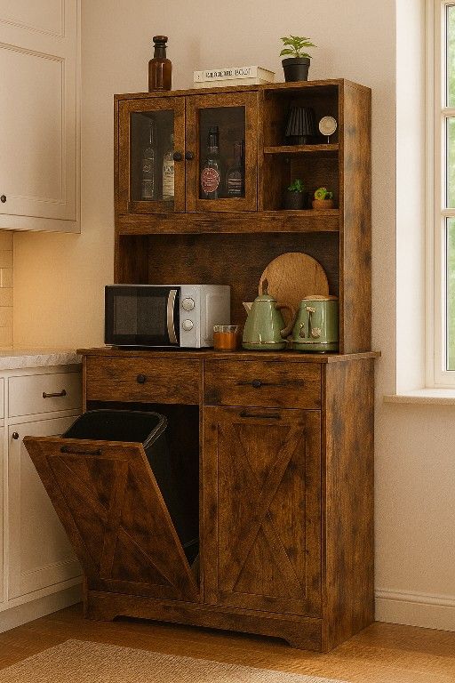 Out Trash&Storage Cabinet, Kitchen Sideboard Cupboard W/Pet Proof 10X2 Gal Hidden Garbage Holder, Freestand Laundry Sort Cabinet, W/Drawer, Shelves,Ba